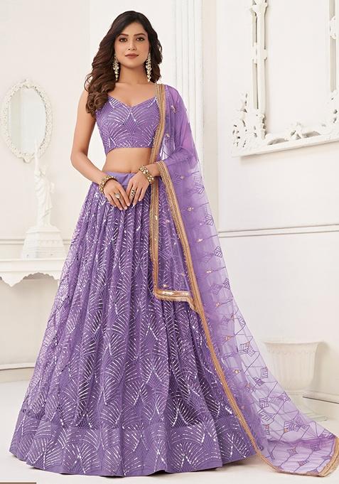 Lavender Embroidered Net Lehenga Set