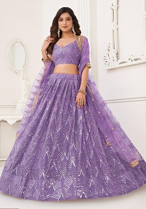 Lavender Embroidered Net Lehenga Set