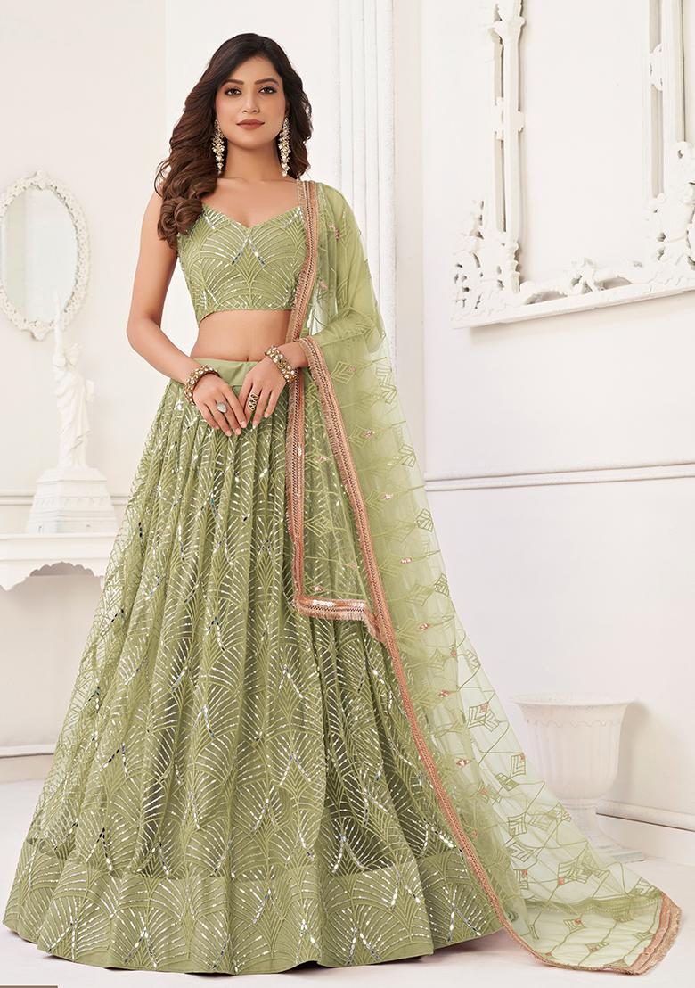 Pista Green Embroidered Net Lehenga Set