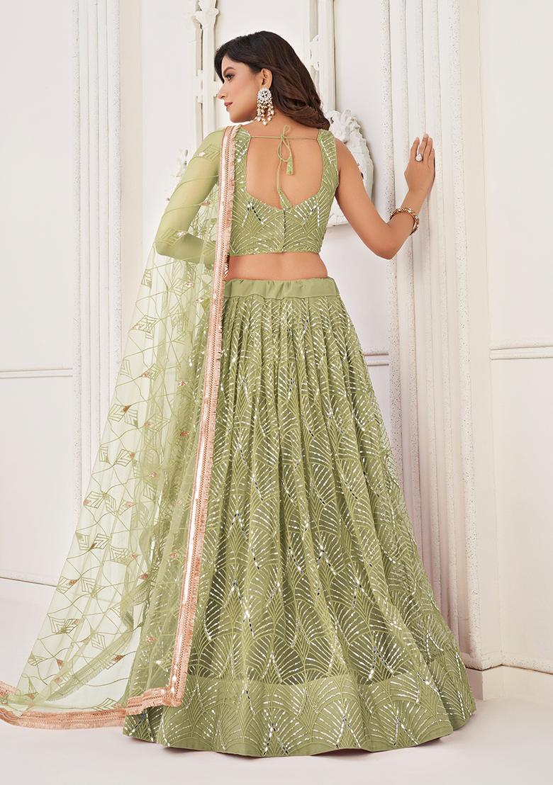 Pista Green Embroidered Net Lehenga Set