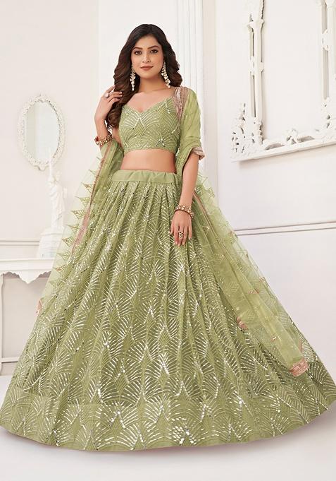 Pista Green Embroidered Net Lehenga Set