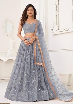 Light Grey Embroidered Net Lehenga Set