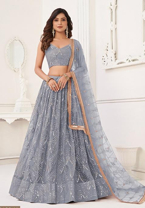 Light Grey Embroidered Net Lehenga Set