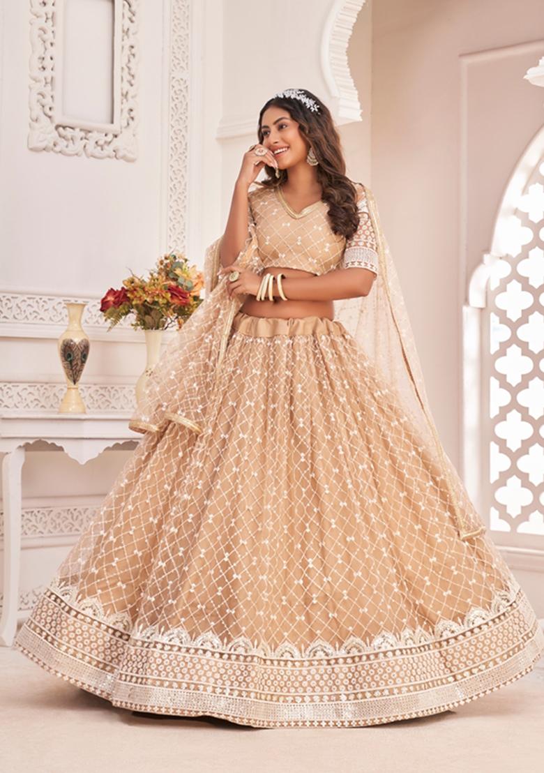 Dusty Chiku Brown Embroidered Net Lehenga Set - Indya