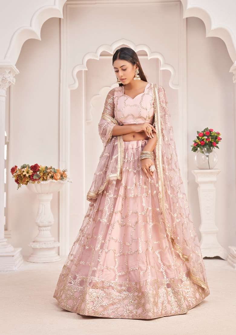 Baby Pink Net Lehenga Set with Embroidered for Diwali | Wedding & Festive Wear - Indya