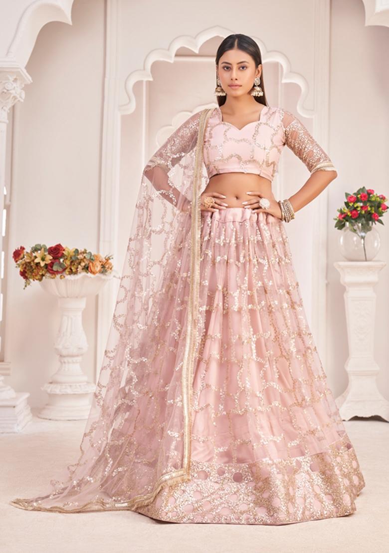 Baby Pink Embroidered Net Lehenga Set - Indya