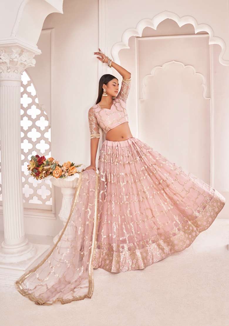 Baby Pink Net Lehenga Set with Embroidered for Diwali | Wedding & Festive Wear - Indya