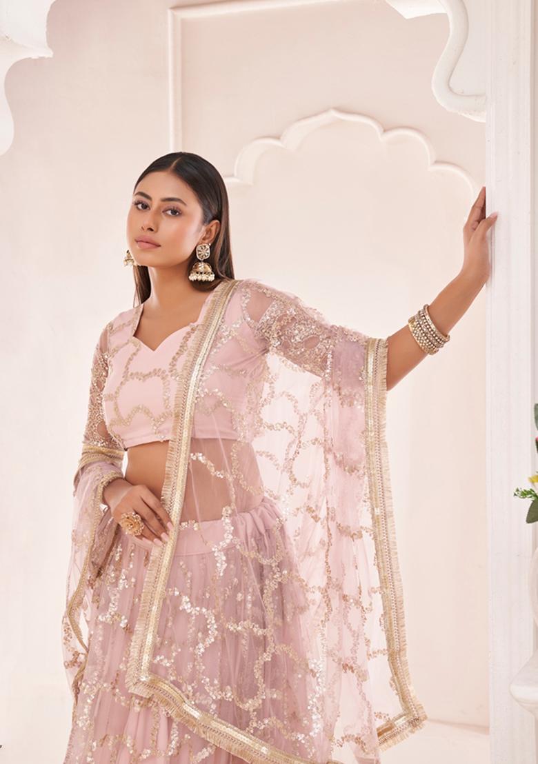 Baby Pink Embroidered Net Lehenga Set - Indya