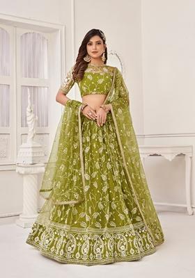 Green Embroidered Net Lehenga Set