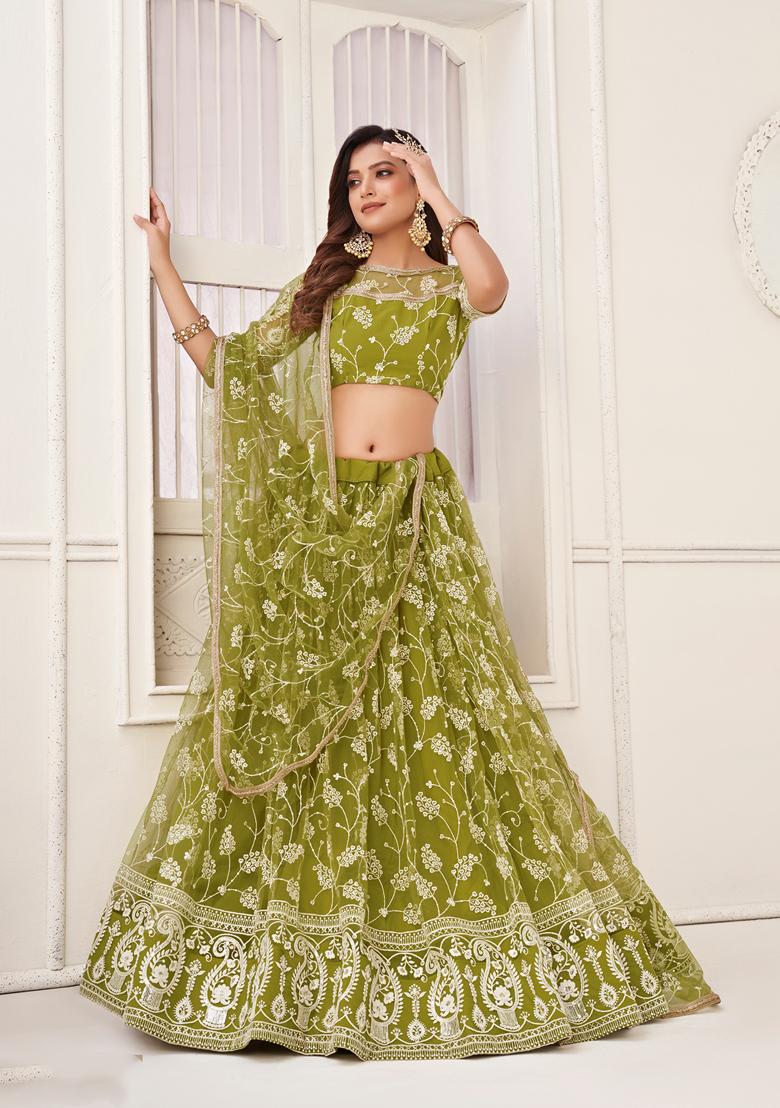 Green Embroidered Net Lehenga Set