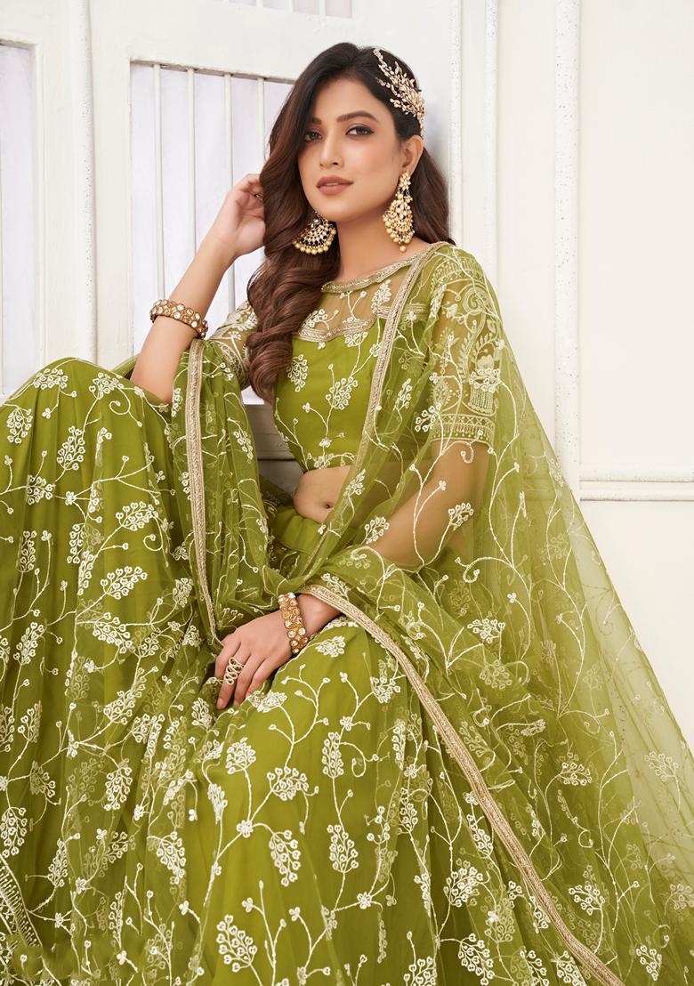Green Embroidered Net Lehenga Set