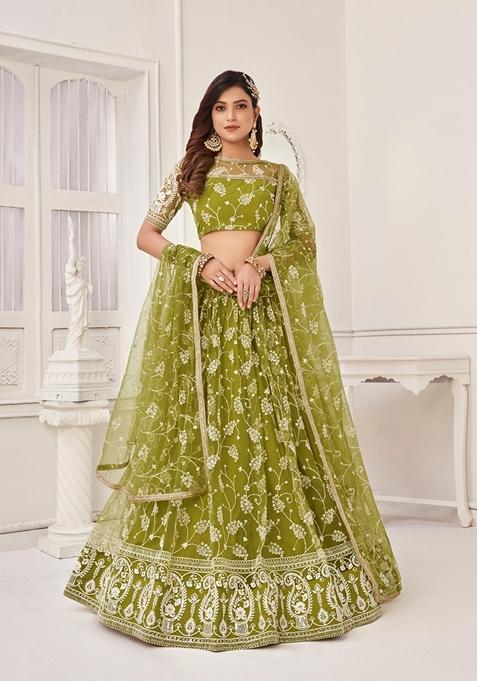 Green Embroidered Net Lehenga Set