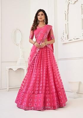 Pink Embroidered Net Lehenga Set