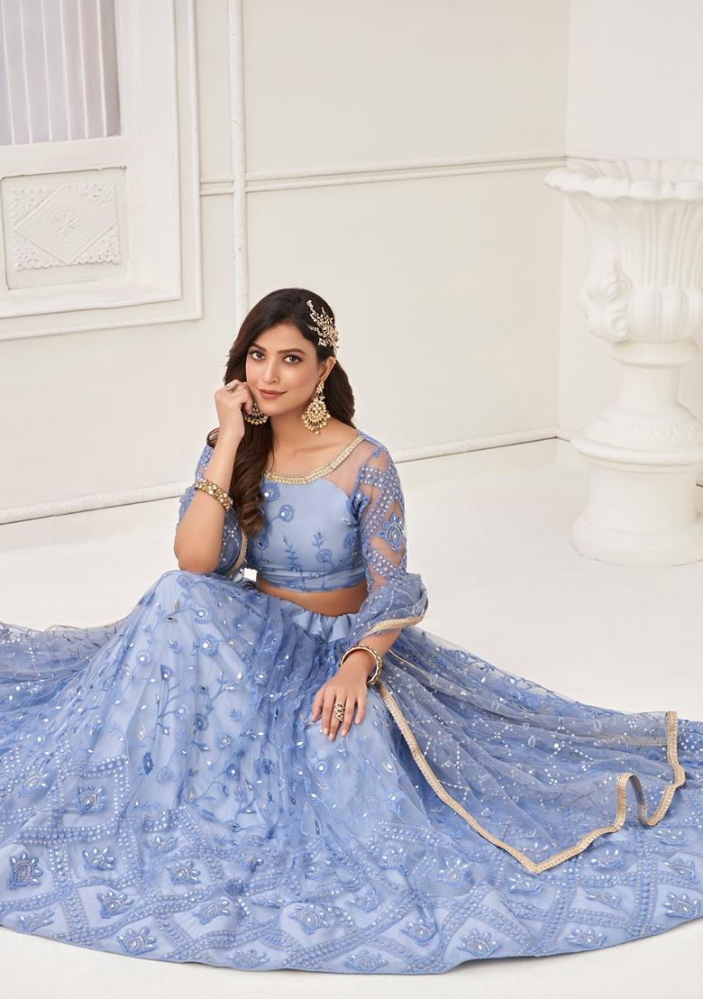 Blue Embroidered Net Lehenga Set - Indya