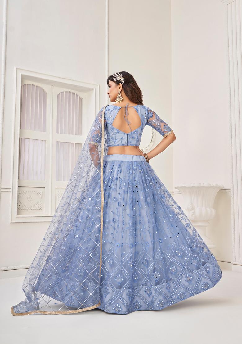 Blue Embroidered Net Lehenga Set - Indya
