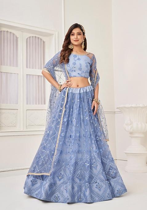 Blue Embroidered Net Lehenga Set
