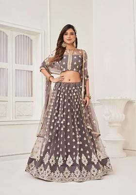 Grey Embroidered Net Lehenga Set