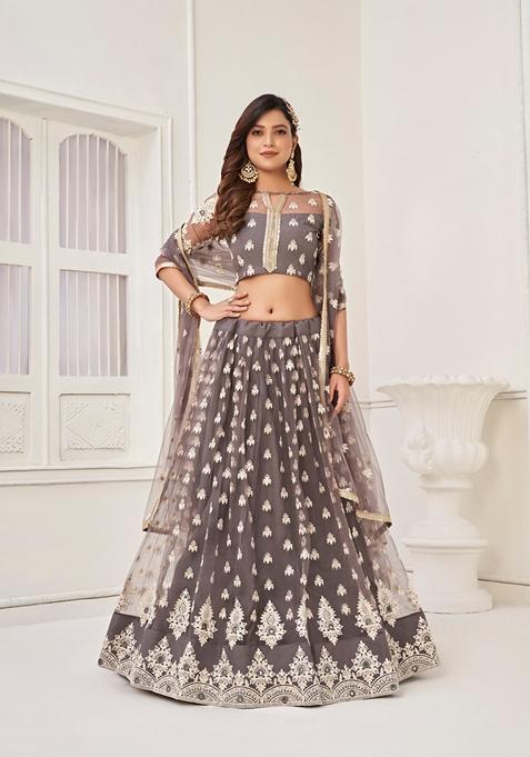 Grey Embroidered Net Lehenga Set