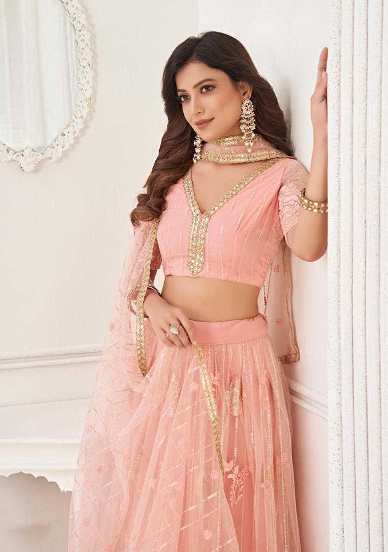 Peach Embroidered Net Lehenga Set - Indya