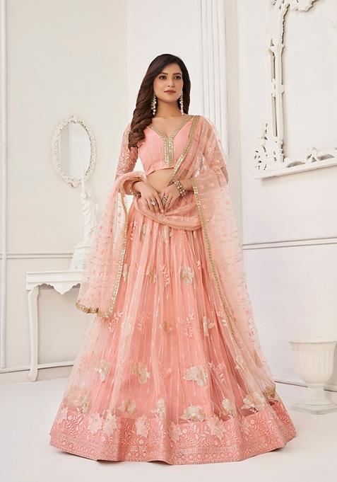 Peach Embroidered Net Lehenga Set