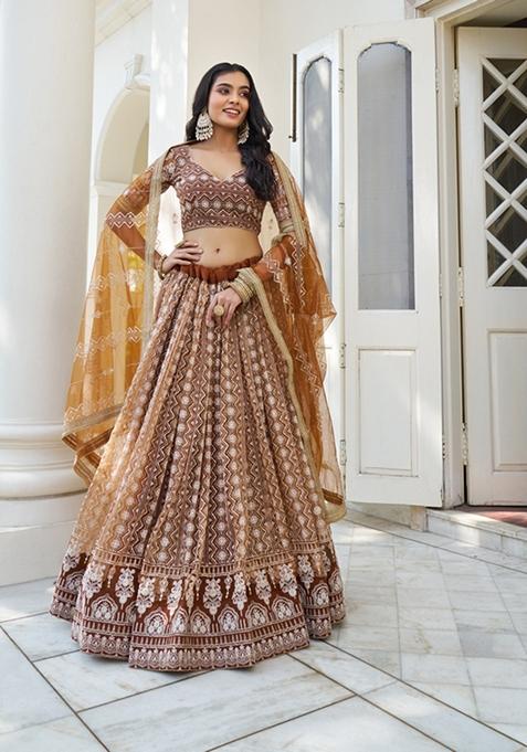 Brown Embroidered Net Lehenga Set