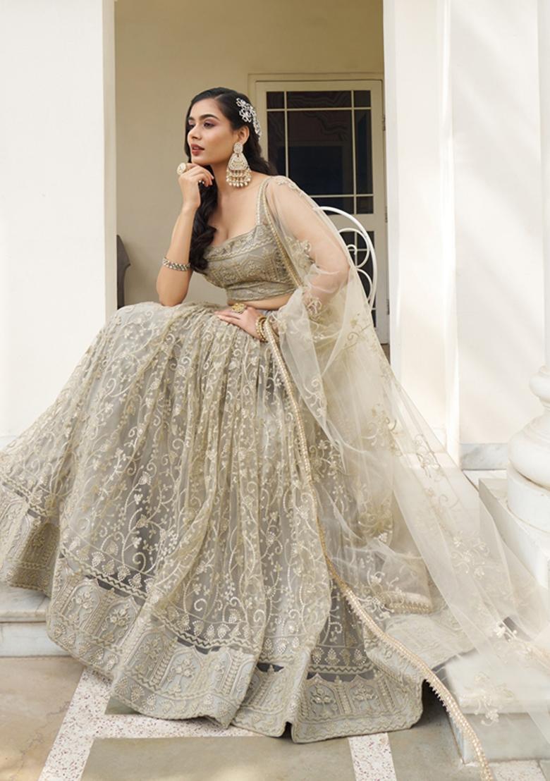 Ivory Embroidered Net Lehenga Set
