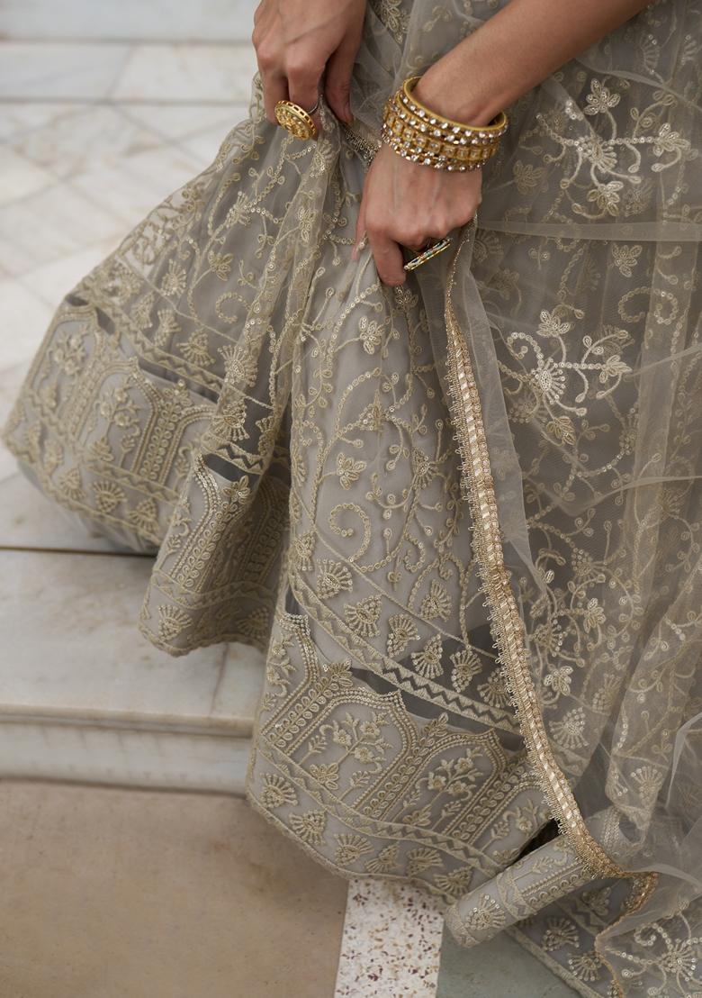 Ivory Embroidered Net Lehenga Set