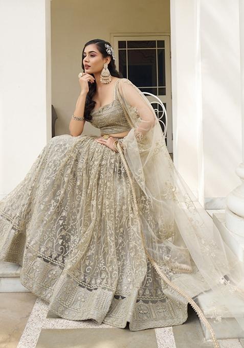 Ivory Embroidered Net Lehenga Set