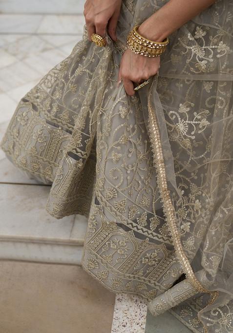 Ivory Embroidered Net Lehenga Set