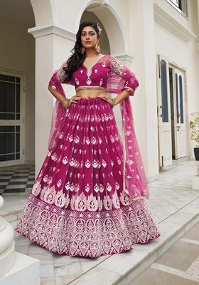 Dark Pink Embroidered Net Lehenga Set