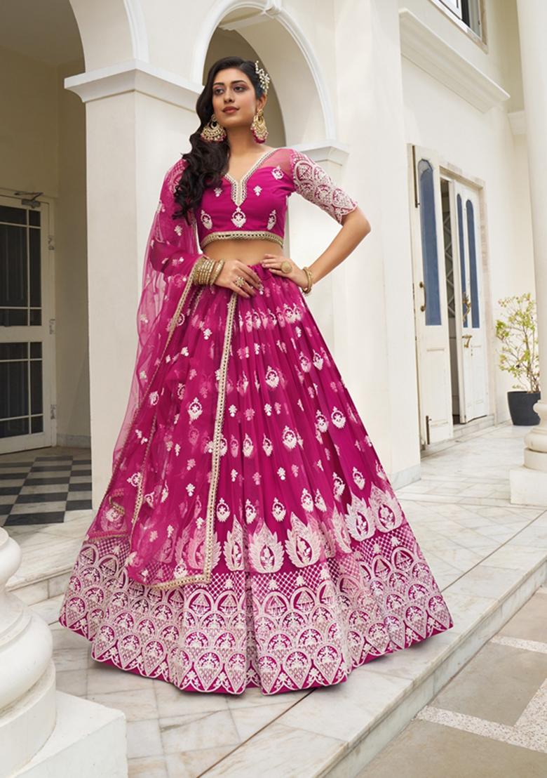 Dark Pink Embroidered Net Lehenga Set - Indya