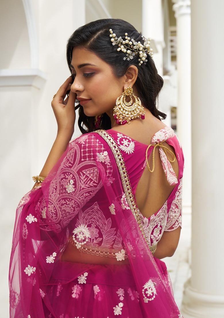 Dark Pink Embroidered Net Lehenga Set - Indya