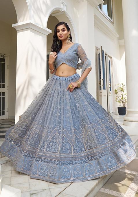 Light Blue Embroidered Net Lehenga Set