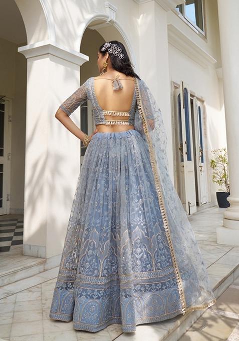 Light Blue Embroidered Net Lehenga Set