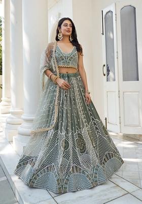 Dusty Green Embroidered Net Lehenga Set