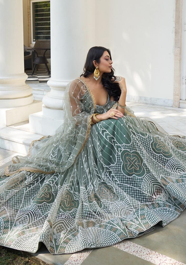 Dusty Green Embroidered Net Lehenga Set