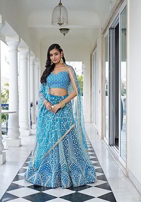 Sky Blue Embroidered Net Lehenga Set
