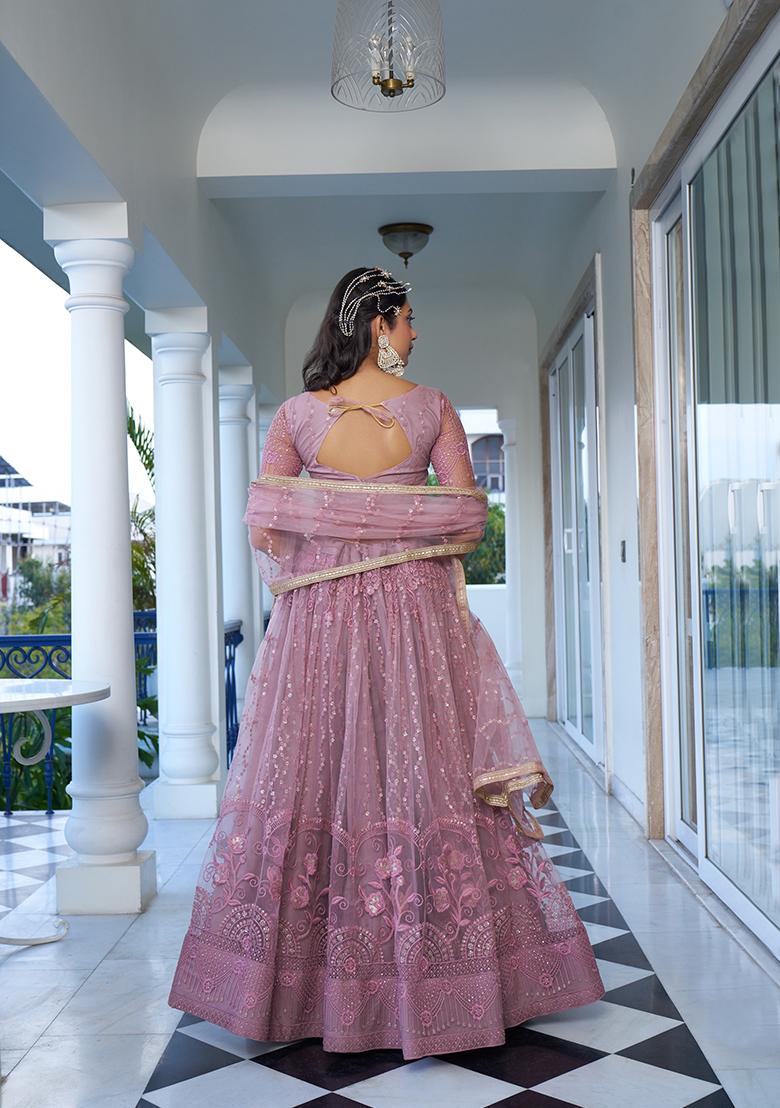 Dusty Pink Embroidered Net Lehenga Set