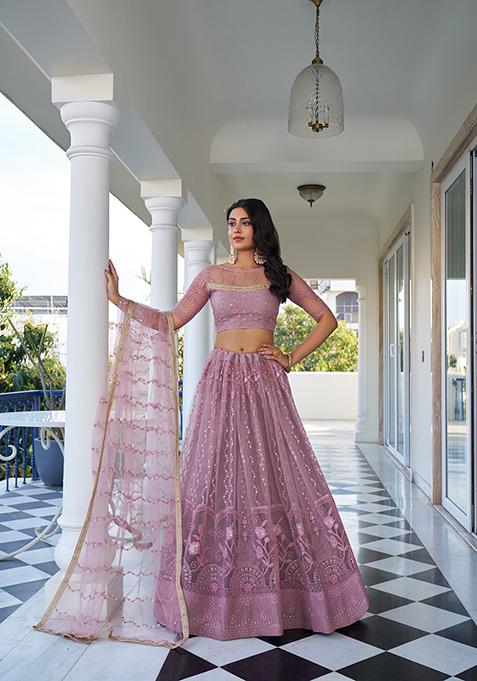 Dusty Pink Embroidered Net Lehenga Set