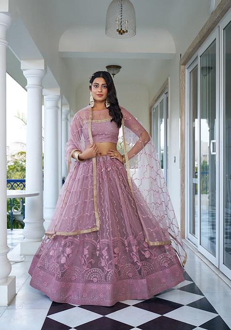 Dusty Pink Embroidered Net Lehenga Set