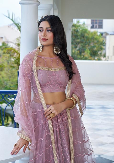 Dusty Pink Embroidered Net Lehenga Set