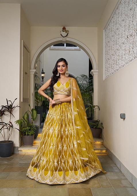 Yellow Embroidered Net Lehenga Set