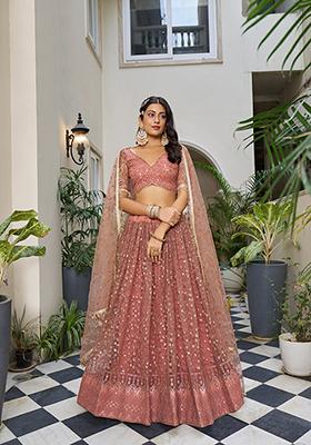 Rust Brown Embroidered Net Lehenga Set