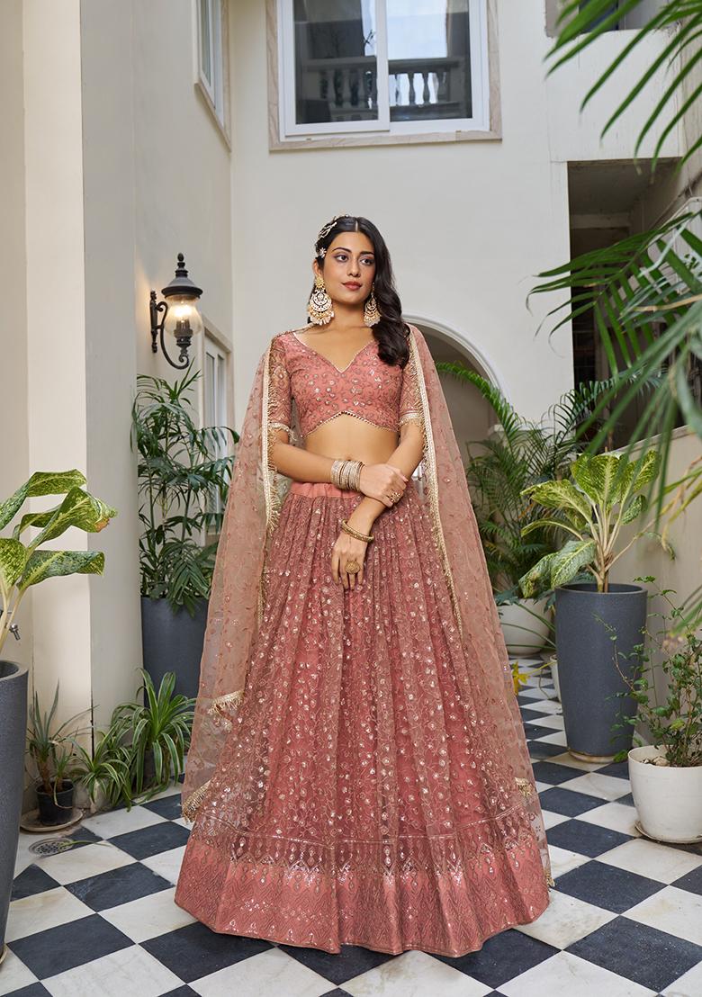 Rust Brown Embroidered Net Lehenga Set