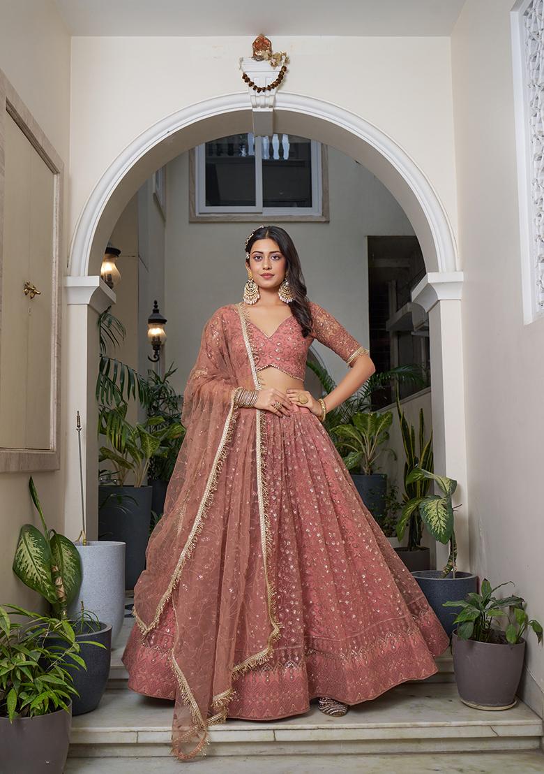 Rust Brown Embroidered Net Lehenga Set