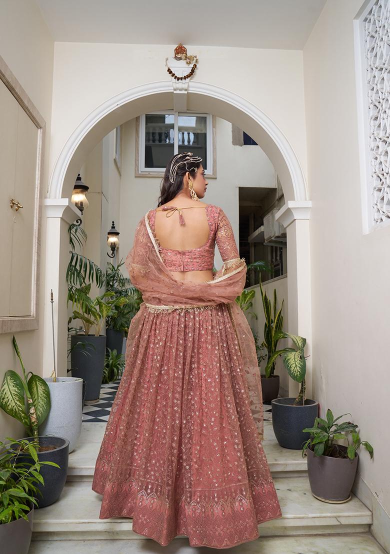 Rust Brown Embroidered Net Lehenga Set