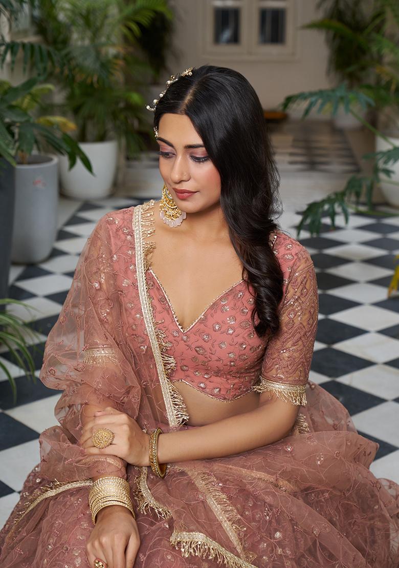 Rust Brown Embroidered Net Lehenga Set