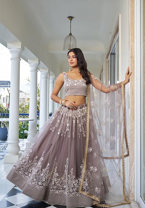 Brown Embroidered Net Lehenga Set