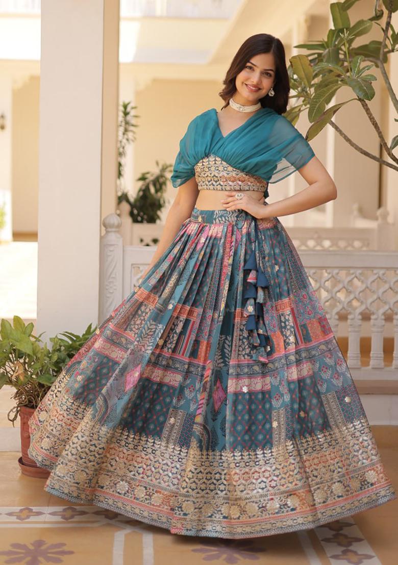 Blue Embroidered Russian Silk Lehenga Set - Indya