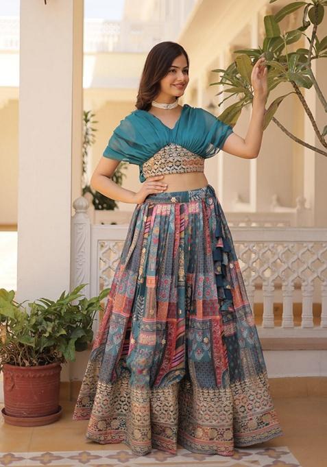 Blue Embroidered Russian Silk Lehenga Set